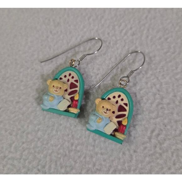 Vtg Figural 3D Teddy Bear Earrings Hook Wire Stain Glass Candle Pajama - Picture 2 of 7